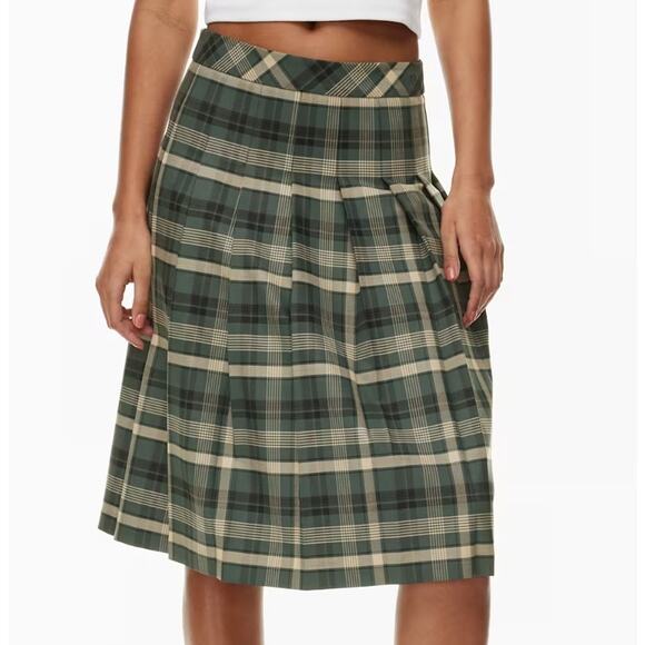 NWT Aritzia Sunday Best Women's Plaid Olive Green Pleated Midi Skirt 8 - Picture 2 of 14